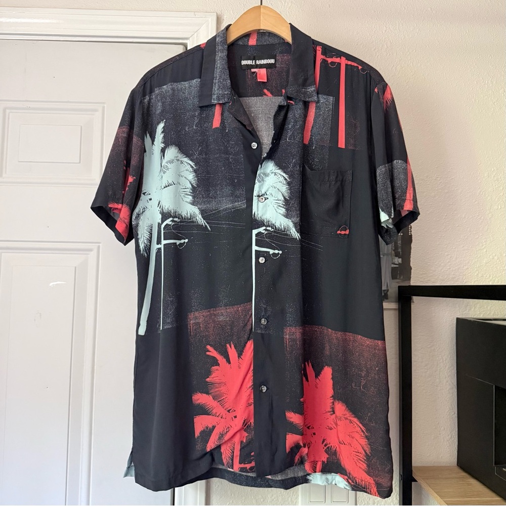 DOUBLE RAINBOUU black red rayon tropical Hawaiian short sleeve button up shirt
